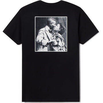 Black t-shirt with a vintage-style graphic of a couple kissing on the back, displayed on a white background.